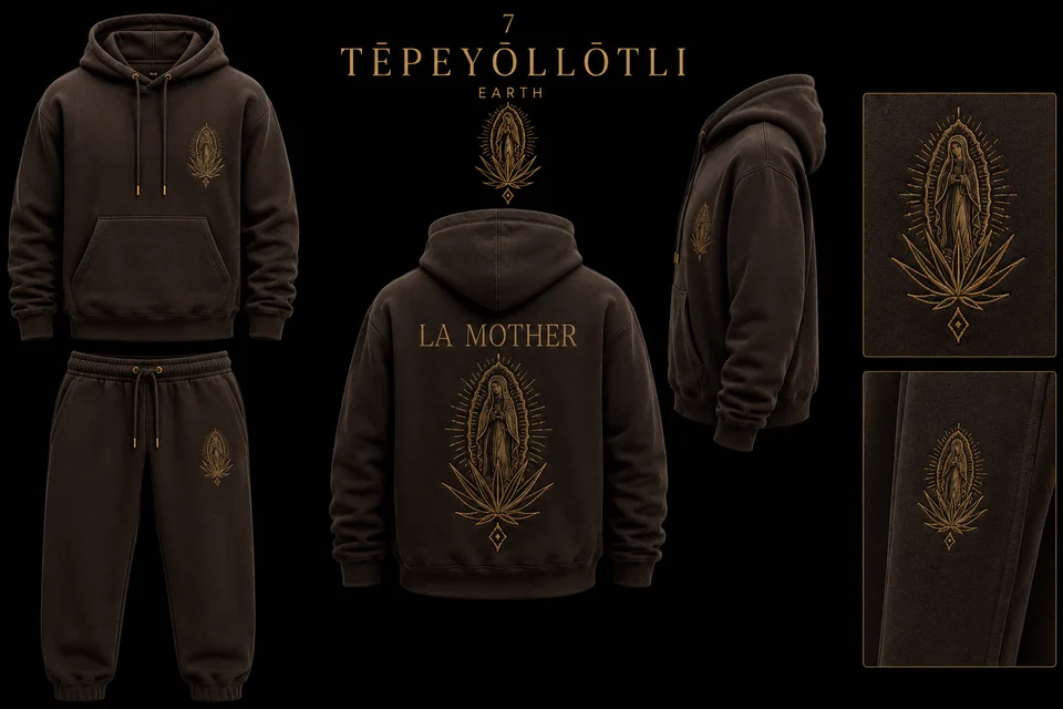 Tlāltikpak Earth Set matching sweatshirt and sweatpants apparel mockup.