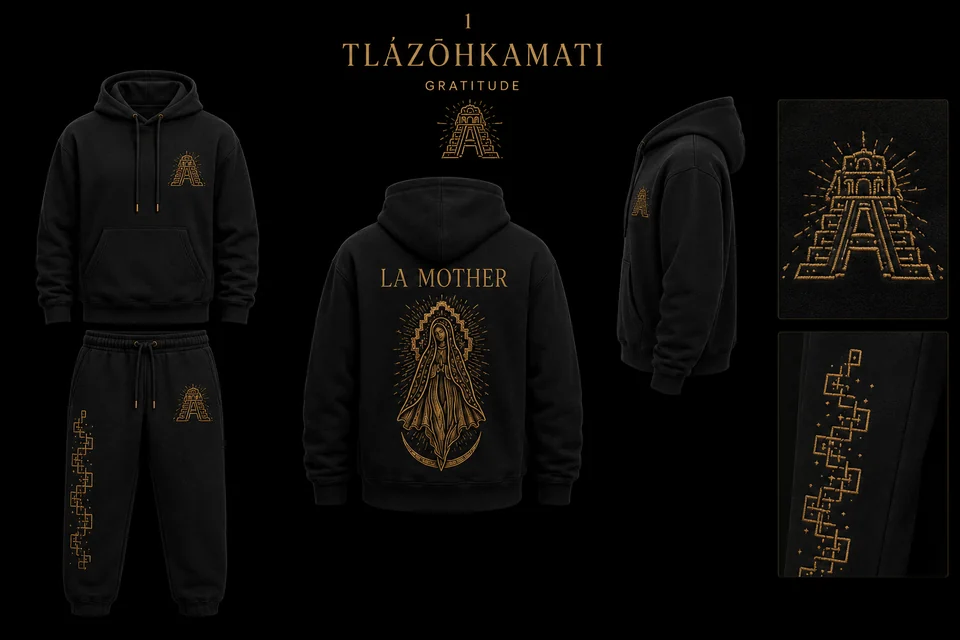 Tlāzōhkamati Gratitude Set matching sweatshirt and sweatpants apparel mockup.
